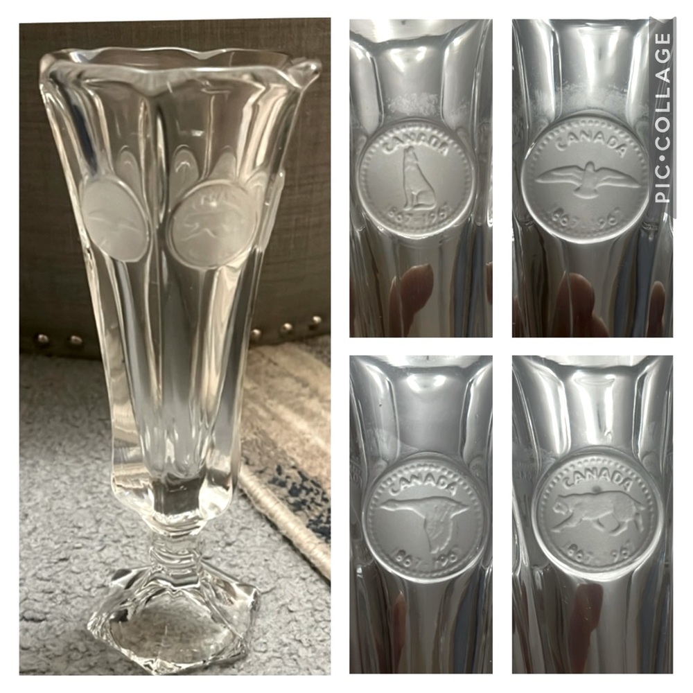 VTG Fostoria Glass Vase with Canadian Frosted Glass Centennial Coins 1967